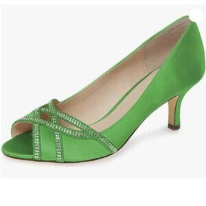 XYD Women Prom Wedding Kitten Low Heels Pumps Peep Toe Slip on Rhinestones Green